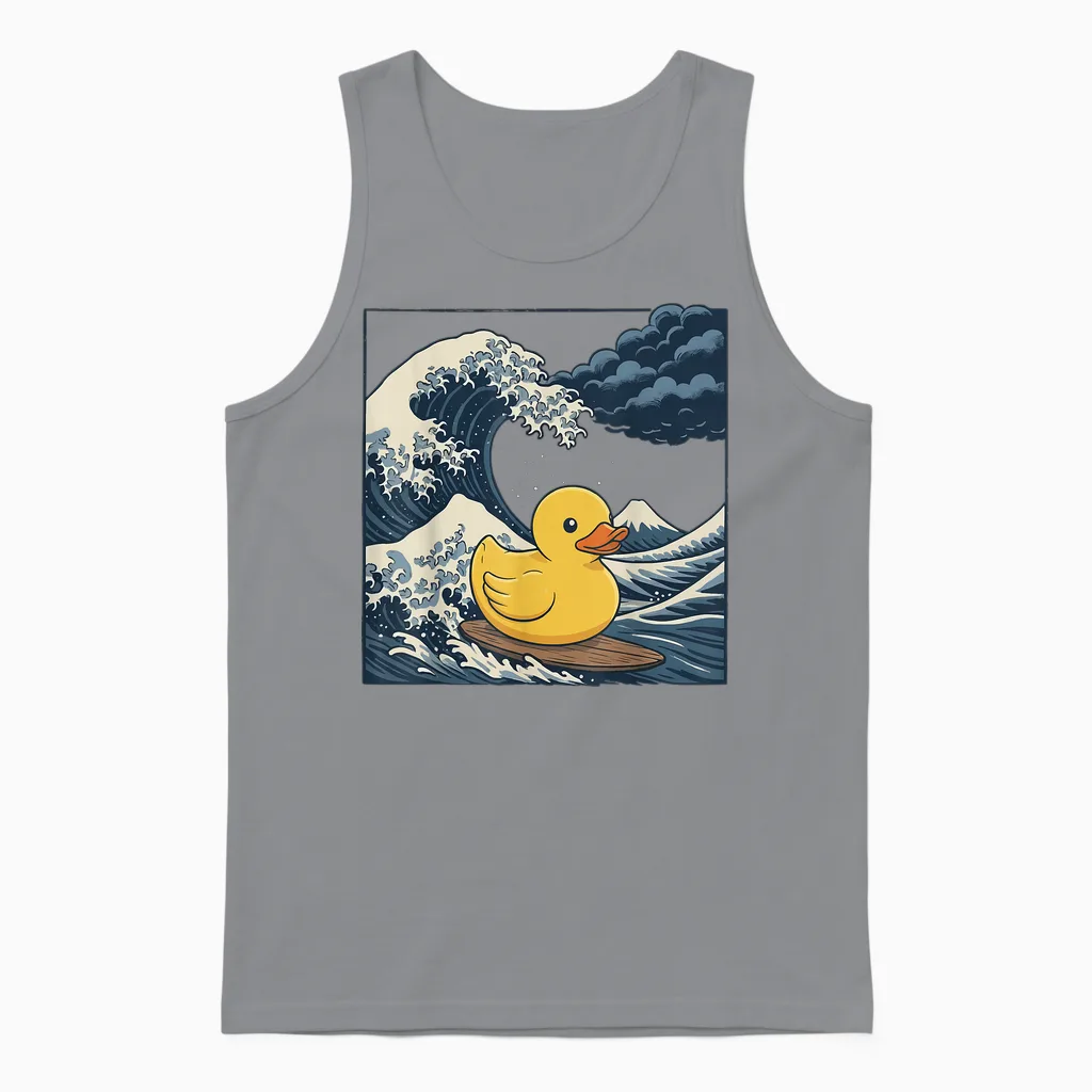 Japanese Surf Rubber Duck Big Wave Anime Unisex Tank Top in Sport Grey