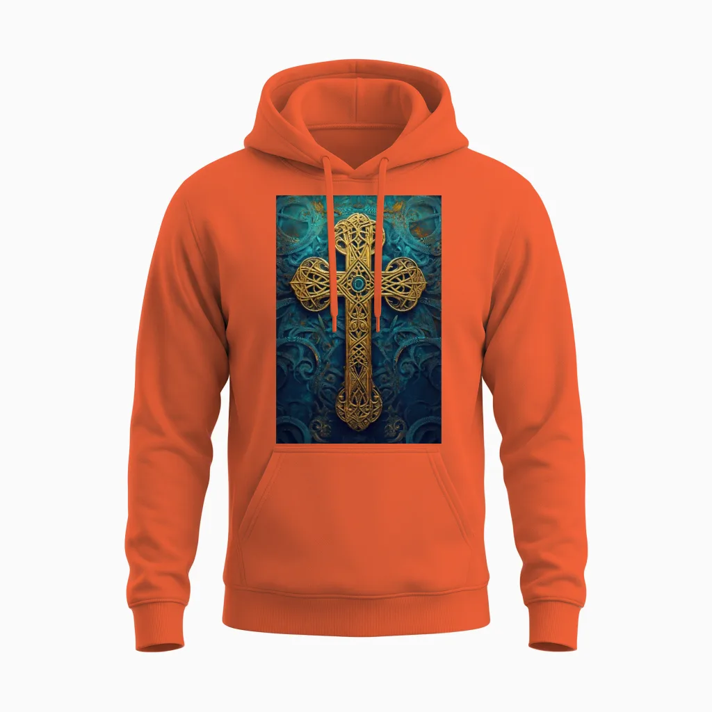 Ornate Golden Celtic Cross Unisex Hoodie in Orange