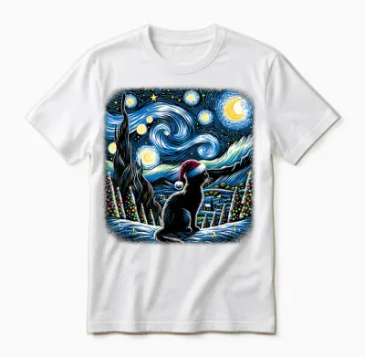 Van Gogh Starry Night Festive Christmas Black Cat Santa Unisex T-Shirt - White