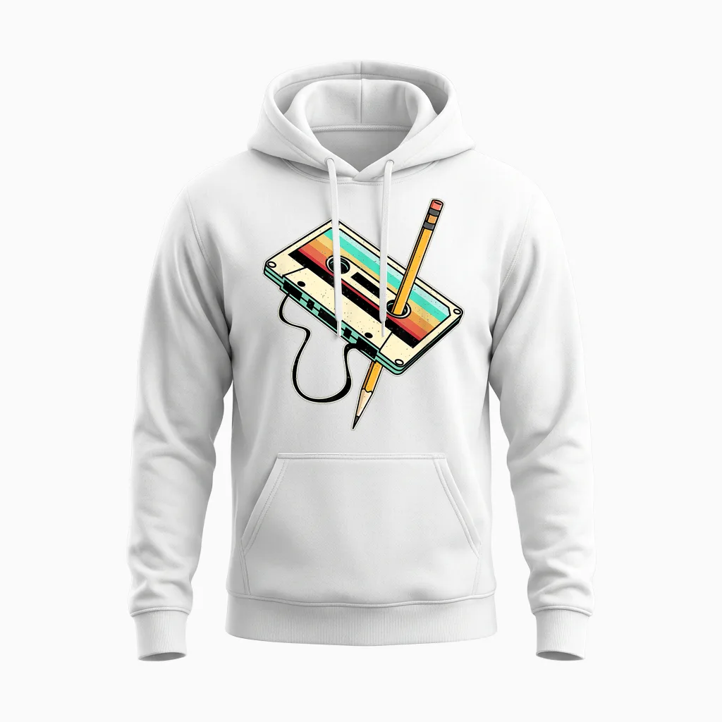 80s & 90s Retro Party Fancy Dress Tape T-Shirt, Black, S Unisex Hoodie in White