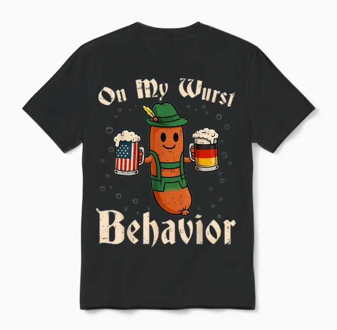 Oktoberfest on My Wurst Behavior Funny German Men Women Unisex T-Shirt in Black