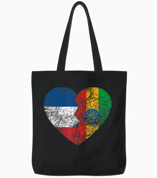 Ethiopian Flag Heart | France Ethiopia Roots Vintage T-Shirt, Black, S Tote Bags in Black