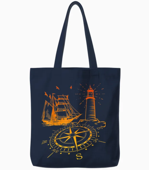 Maritim Kompass Segelschiff Norden Leuchtturm Tote Bags in Navy