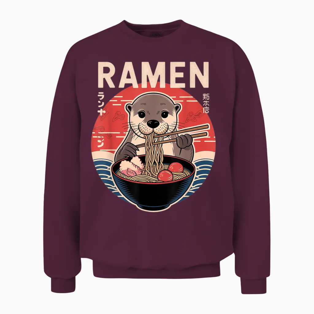 Otter Ramen Japanese Noodles Kawaii Anime Otter T-Shirt, Black, S Unisex Sweatshirt in Maroon