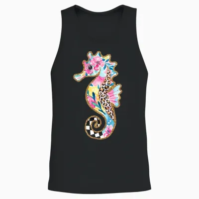 Retro Summer Seahorse Unisex Tank Top - Black