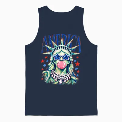 Brushstroke Statue of Liberty Blowing Bubble Gum 4th of July Unisex Tank Top - Navy