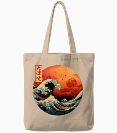 The Great Wave Kanagawa Japanese Streetwear Long Sleeve, Black, S Tote Bags - Natural