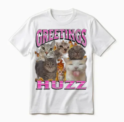 Greetings Huzz Funny Cat Meme Bootleg Graphic Men Women Unisex T-Shirt - White