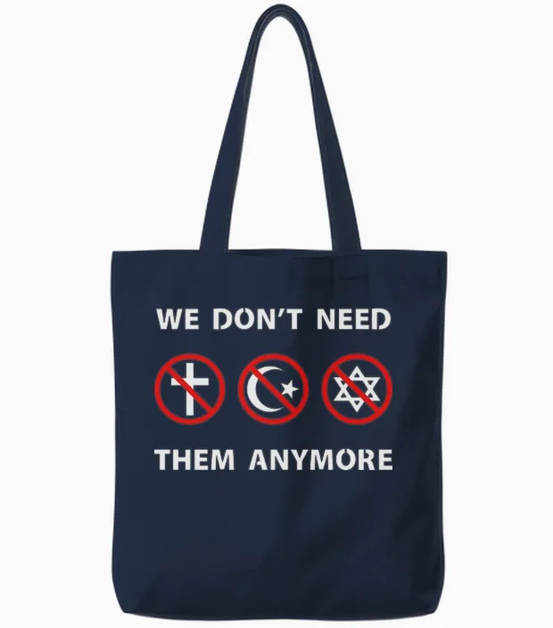 We Don't Need Religion Anymore Tote Bags in Navy