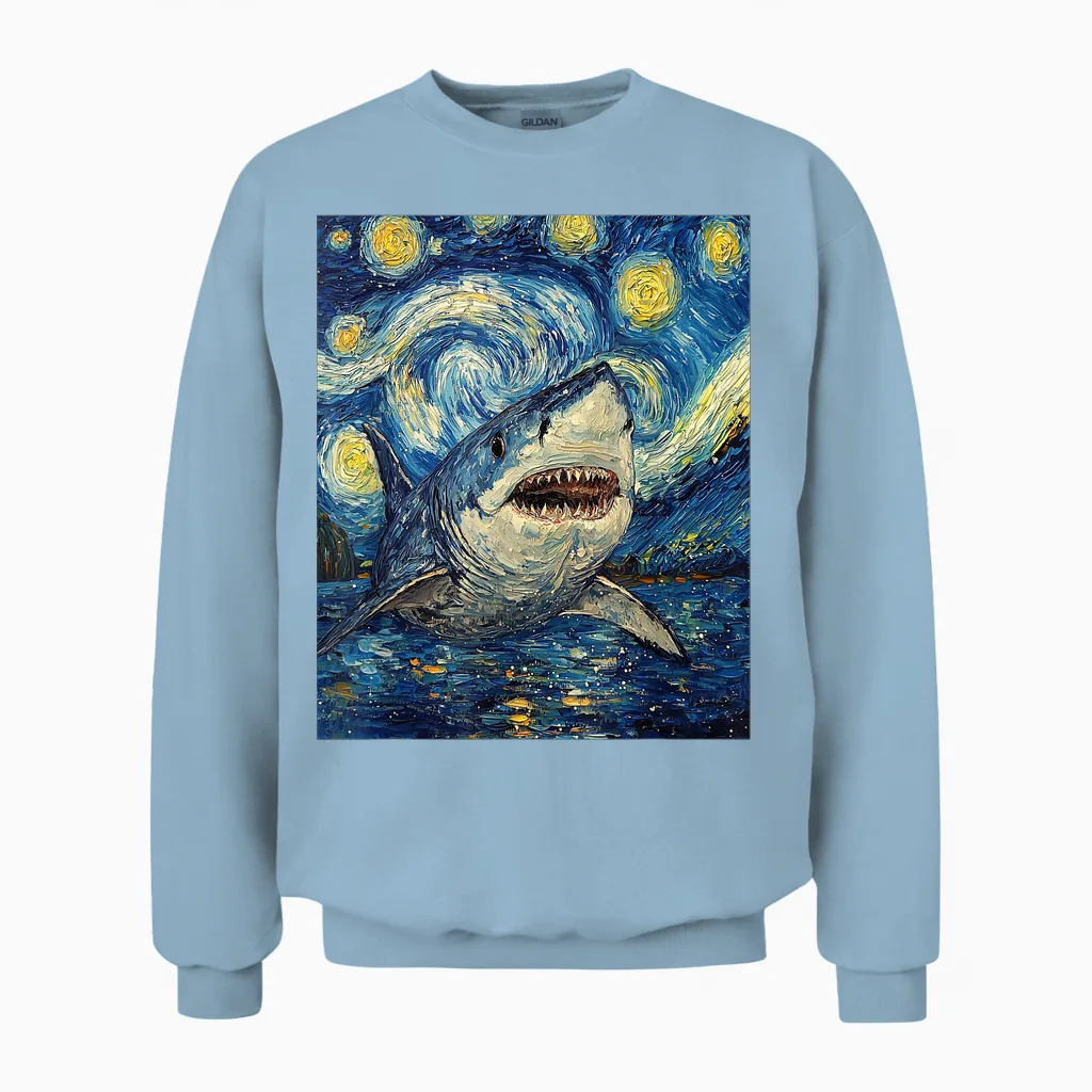 Funny Shark - Van Gogh Style - Starry Night Unisex Sweatshirt in Light Blue