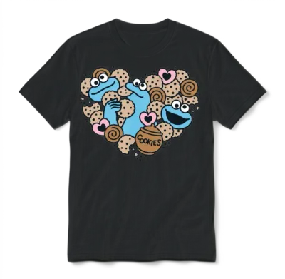 Sesame Street Design Heart with Cookie Monster Unisex T-Shirt - Black