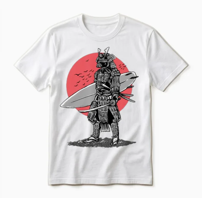 Samurai Surfer Red Sun Unisex T-Shirt in White