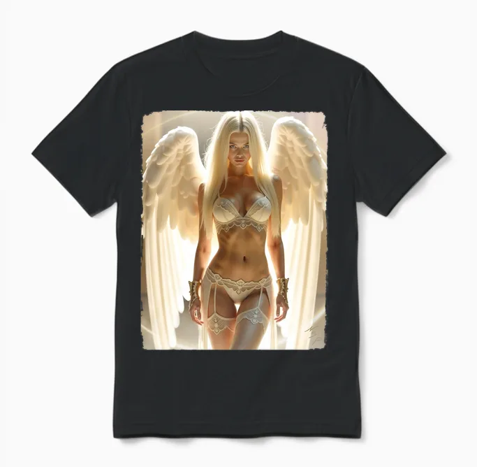 T-Shirt Imprimé Sur Le Dos – Sexy Blonde Angel Pinup Girl Manche Longue Unisex T-Shirt in Black