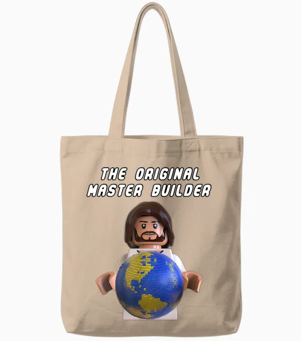 Original Master Builder T-Shirt Brick Earth God Minifigure Tote Bags in Natural