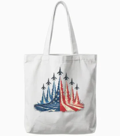 Fighter Jet American Flag 4th of July Tote Bags - White