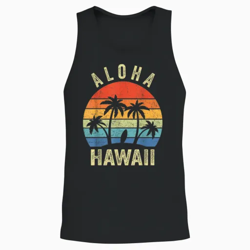 Aloha Hawaii Hawaiian Island Palm Beach Surfboard Surf Unisex Tank Top - Black