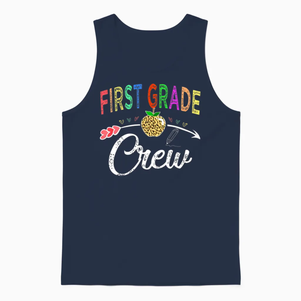 First Grade Crew Teacher S Back to School Leopard Unisex Tank Top in Navy