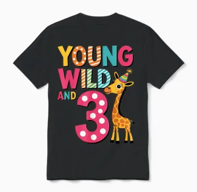 Young Wild and Three Cute Giraffe Kids Birthday Age 3 Unisex T-Shirt - Black