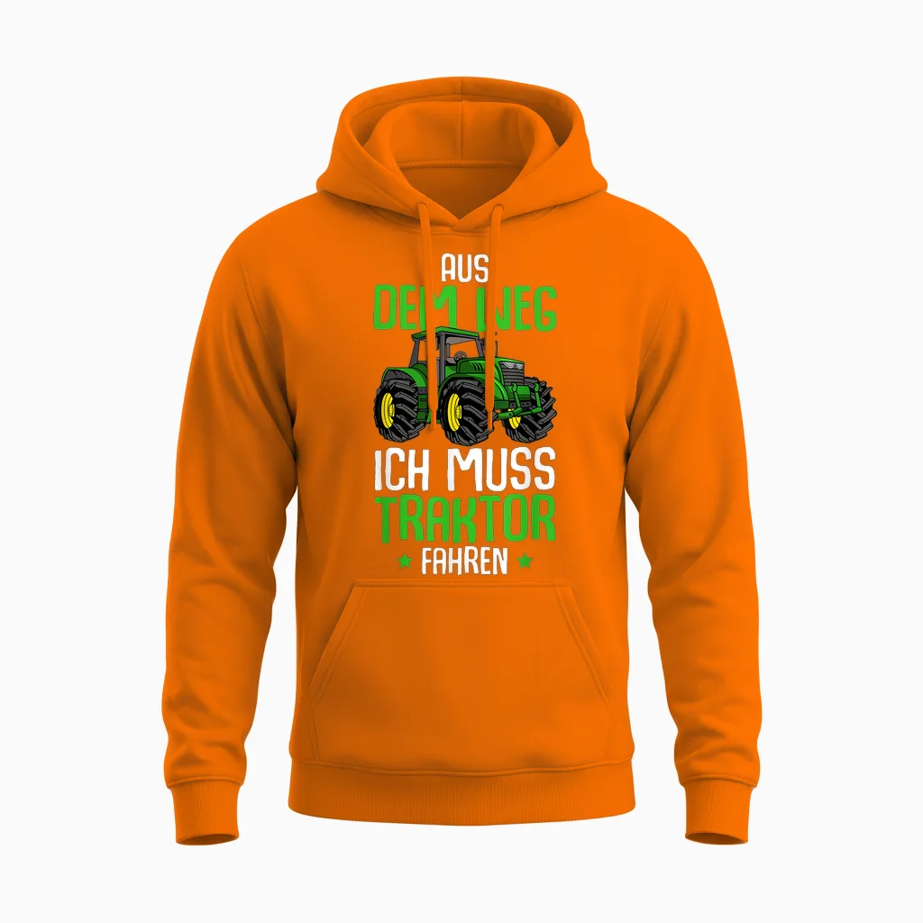 Aus Dem Weg Ich Muss Traktor Fahren Trecker Junge Kinder Unisex Hoodie in Safety Orange