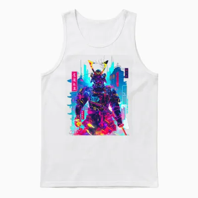 Cyberpunk Neon Samurai Japanese Art Unisex Tank Top - White