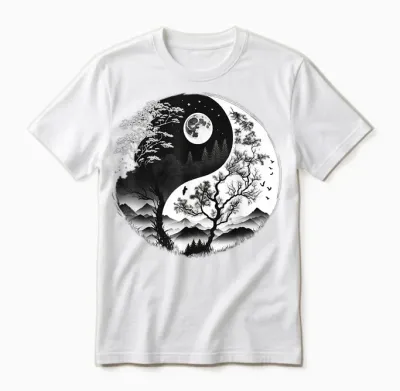 Black and White Yin Yang Symbol on Nature Taijitu Yin Yang T-Shirt, Black Unisex T-Shirt - White
