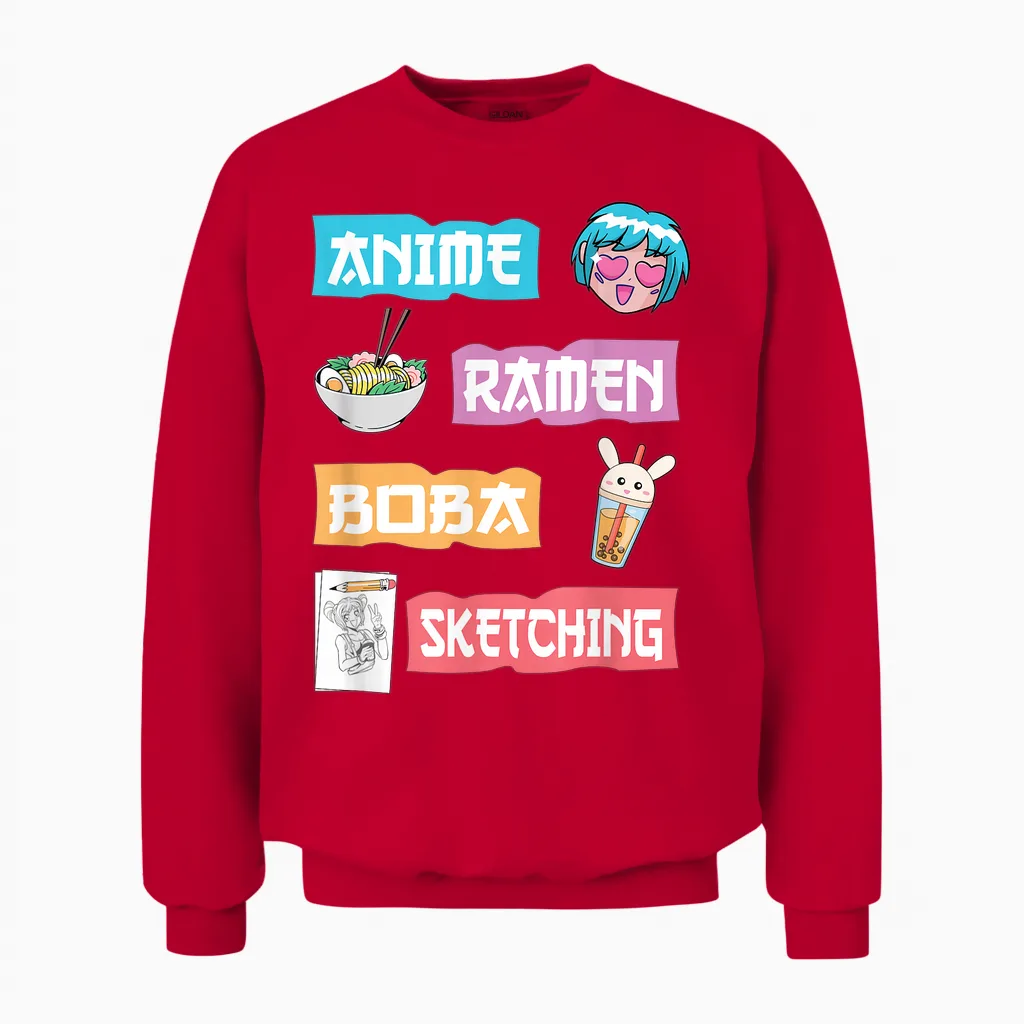 Anime Ramen Boba Sketching - Kawaii Anime Lover Merch Gift T-Shirt Small Unisex Sweatshirt in Red