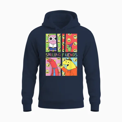 Smiling Friends Pop Art Character Grid Funny Cartoon Unisex Hoodie in Navy