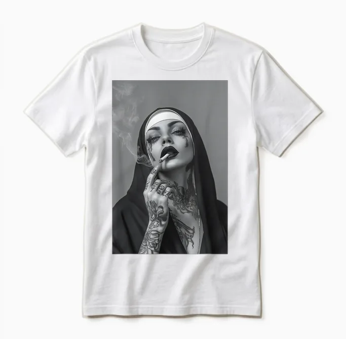 Tattooed Nun Smoking Cigarette Rebbel Christian Jesus Unisex T-Shirt in White