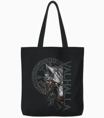 Walhalla Wolf Wolves Odins Runes Nordic Compass Viking T-Shirt, Black Tote Bags - Black