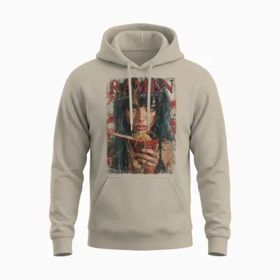 Backprint Pin-Up Girl Ramen Noodle Anime Manga Asian Ramen T-Shirt, Black Unisex Hoodie - Sand