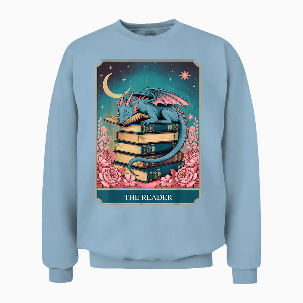 Tarot the Reader Mystic Book Dragon Moonlit Fantasy Art Unisex Sweatshirt in Light Blue