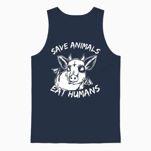 Save Animals Eat Humans Cow Heifer Satanic Cross Unisex Tank Top in Navy