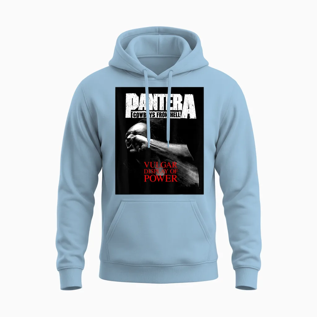 Pantera Official Vulgar Display of Power T-Shirt - Black - Unisex Adult - Small - Short Sleeve - Crew Neck - Classic Fit - Music Theme - Cotton Unisex Hoodie in Light Blue