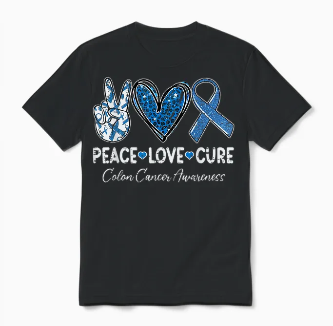 Peace Love Cure Colorectal Colon Cancer Awareness Support Unisex T-Shirt in Black