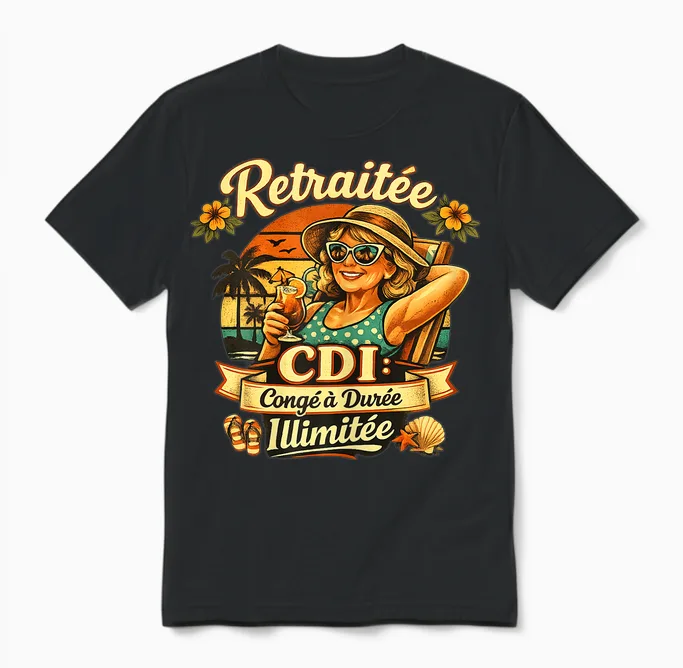 Cadeau Retraitée Femme Original Humour Congé Durée Ilimitée Unisex T-Shirt in Black