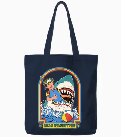 Stay Positive Shark Attack Sarcastic Retro Funny Adult Humour Tote Bags - Navy