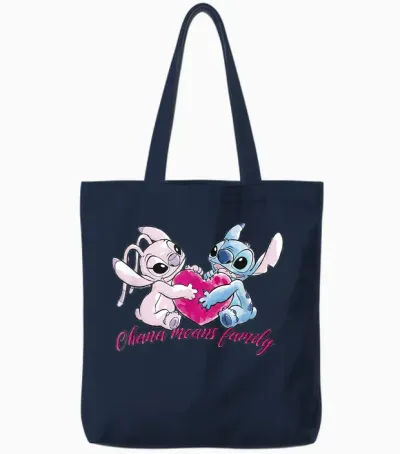 Lilo & Stitch Ohana Heart with Angel T-Shirt, Black Tote Bags - Navy