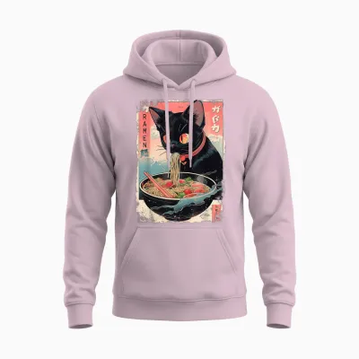 Cat Ramen Noodle Japanese Anime Manga Ramen Kawaii Cat T-Shirt, Black Unisex Hoodie - Light Pink
