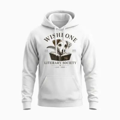 Wishbone Literary Society Vintage Book Lover Dog Design Unisex Hoodie - White