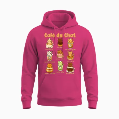Café Du Chat Cute Cats Coffee Pun Kawaii Drink Art Unisex Hoodie - Heliconia