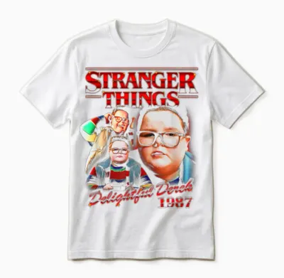 Stranger Things Delightful Derek 1987 Collage Montage Style Unisex T-Shirt - White