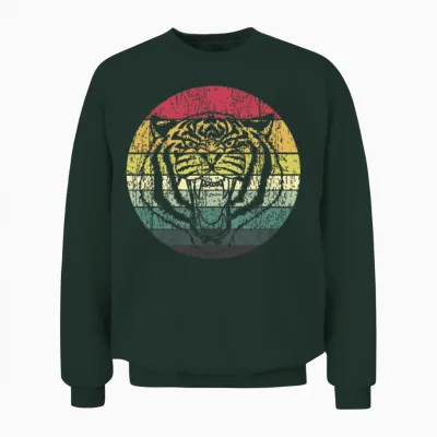 Retro Sunset Tiger Distressed Unisex Sweatshirt - Forest