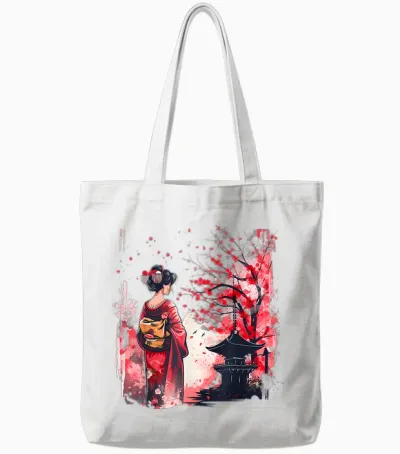 Japanese Geisha Sakura Cherry Blossom Pagoda Geisha Girl T-Shirt, Black, S Tote Bags - White