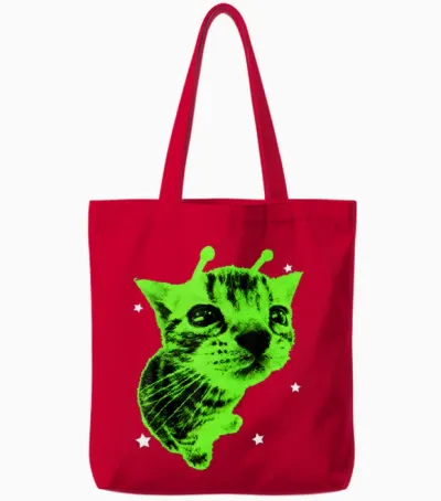 Y2k Alien Cat Meme Retro Silly Cat Vintage Space Kitty Funny Tote Bags - Red