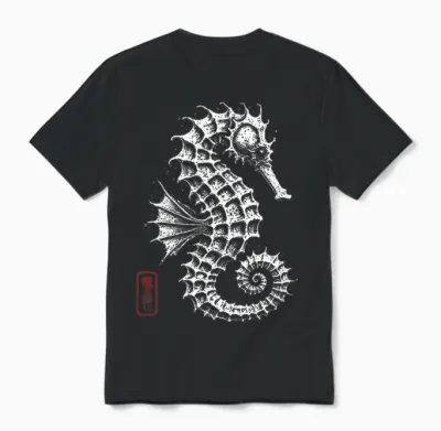 Seepferdchen Japanisches Kanji Ozeantier Kunst Unisex T-Shirt - Black