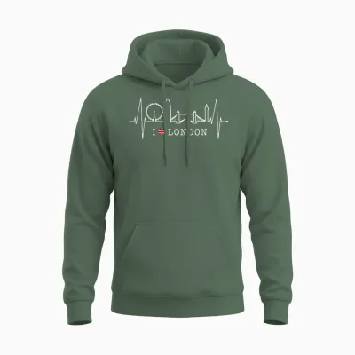 London Skyline Herzschlag Uk Flagge Fans Herz I Love London Unisex Hoodie - Military Green