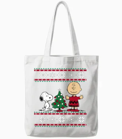 Peanuts Snoopy and Charlie Christmas Tree Short Sleeve T-Shirt Blue Tote Bags - White