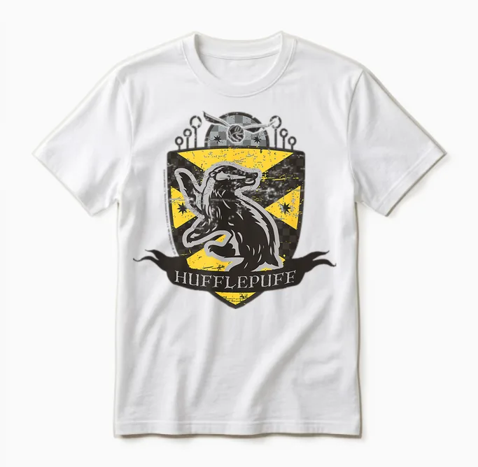 Harry Potter Hufflepuff Quidditch Shield Aged T-Shirt, Grey, S Unisex T-Shirt in White