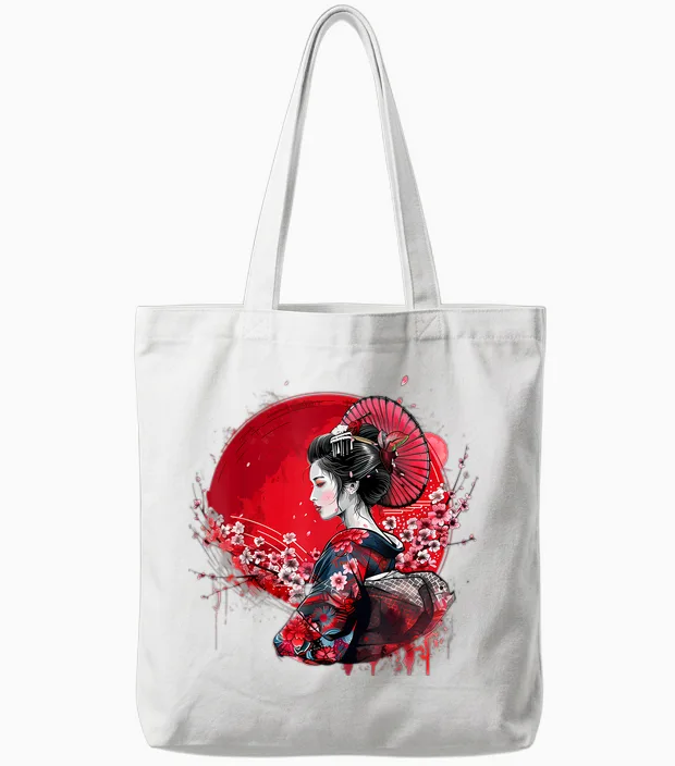 Japanese Kimono Geisha Sakura Cherry Blossom Japanese Art T-Shirt, Black, S Tote Bags in White
