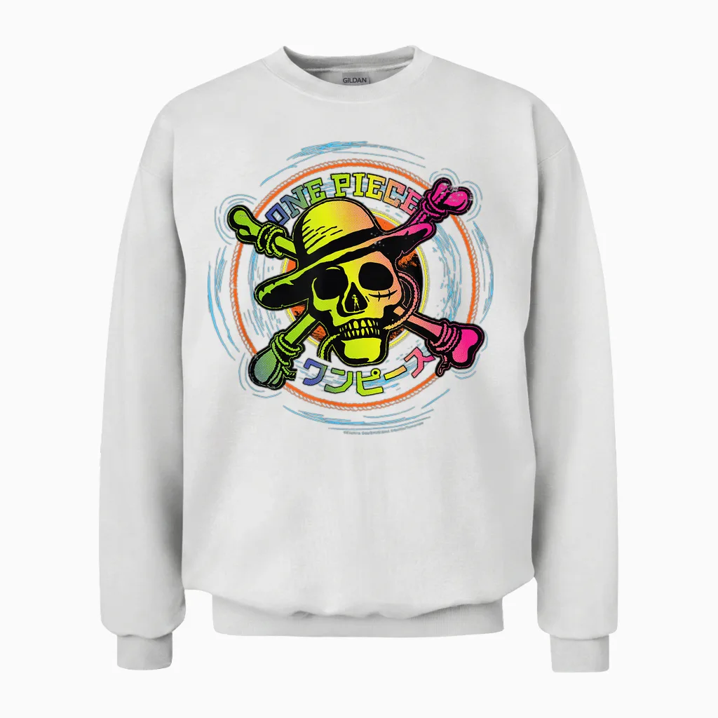 Straw Hat One Piece Anime Pirates Color Logo Kanji T-Shirt, Black, S Unisex Sweatshirt in White
